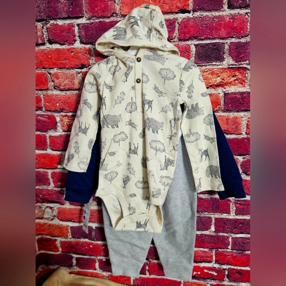 Carters 24mths Cream Animal Print Baby Onesie Gray Pants N Navy Pull Over - Picture 1 of 7